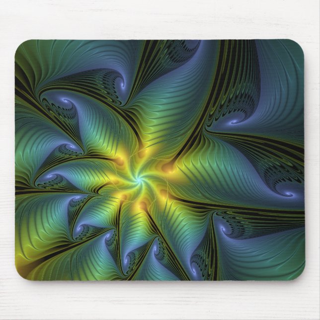 Abstrakt Star, Shiny Blue Grönt Golden Fractal Art Musmatta (Framsidan)