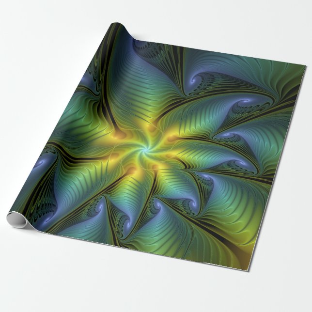 Abstrakt Star, Shiny Blue Grönt Golden Fractal Art Presentpapper (Utrullad)