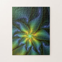 Abstrakt Star, Shiny Blue Grönt Golden Fractal Art Pussel