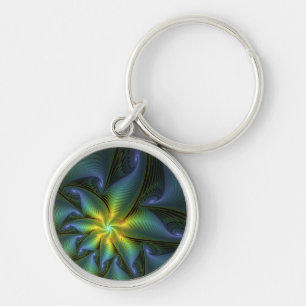 Abstrakt Star, Shiny Blue Grönt Golden Fractal Art Rund Silverfärgad Nyckelring