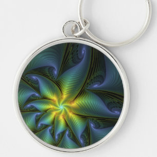 Abstrakt Star, Shiny Blue Grönt Golden Fractal Art Rund Silverfärgad Nyckelring