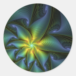 Abstrakt Star, Shiny Blue Grönt Golden Fractal Art Runt Klistermärke