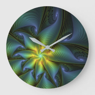 Abstrakt Star, Shiny Blue Grönt Golden Fractal Art Stor Klocka