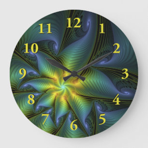 Abstrakt Star, Shiny Blue Grönt Golden Fractal Art Stor Klocka