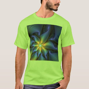Abstrakt Star, Shiny Blue Grönt Golden Fractal Art T Shirt