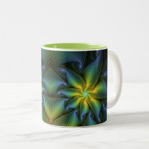 Abstrakt Star, Shiny Blue Grönt Golden Fractal Art Två-Tonad Mugg