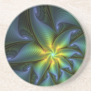 Abstrakt Star, Shiny Blue Grönt Golden Fractal Art Underlägg
