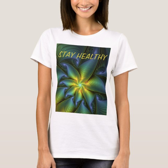 Abstrakt Star Shiny Blue Grönt Golden Fractal Text T Shirt (Framsida)