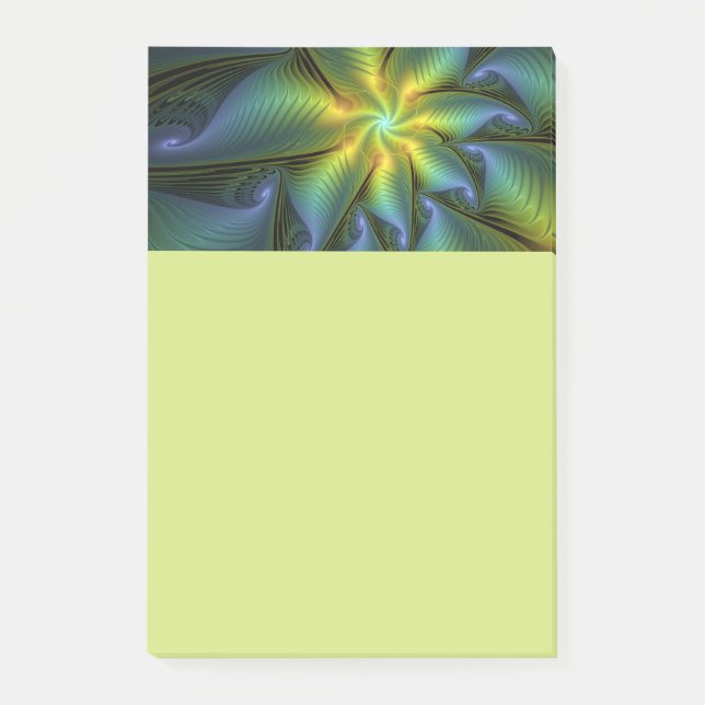 Abstrakt stjärna, blank blågrön gyllene fraktal ko post-it block (Framsida)