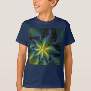 Abstrakt stjärna, blank blågrön gyllene fraktal ko t shirt