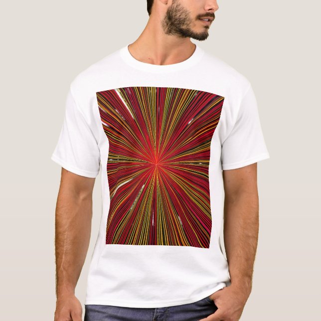 Abstrakt strålande rörelse röda och gyllene linjer t shirt (Framsida)