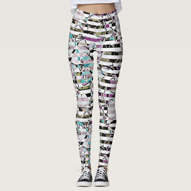 Abstrakt strimlad mönster-beige-turkos p leggings (Framsida)