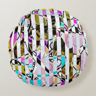 Abstrakt strimlad mönster-beige-turkos p rund kudde