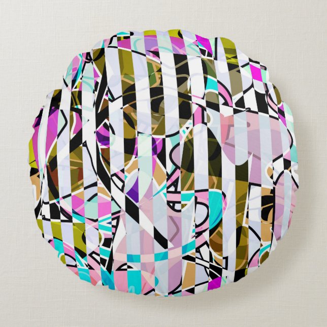 Abstrakt strimlad mönster-beige-turkos p rund kudde (Framsidan)