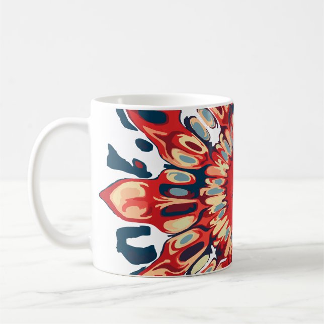 Abstrakt SUN FLOWER - röd blått + ryggen. Kaffemugg (Vänster)