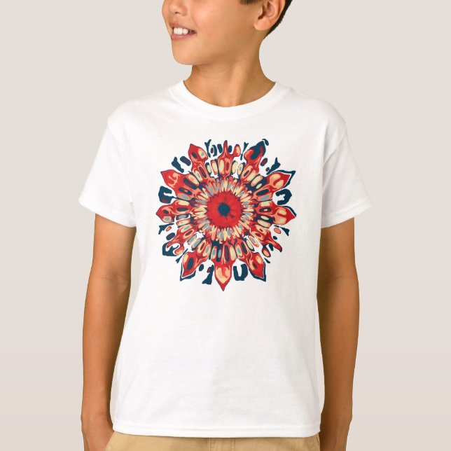 Abstrakt SUN FLOWER - röd blått + ryggen. Tee Shirt (Framsida)
