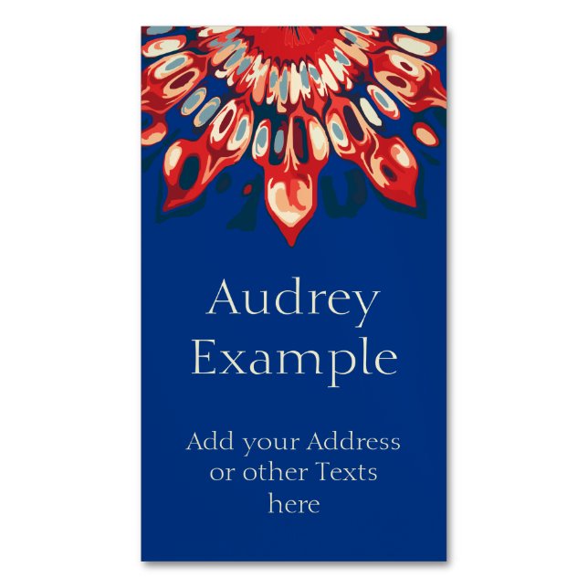 Abstrakt SUN FLOWER - röd blått + ryggen. Visitkortmagnet (Framsida vertikal)