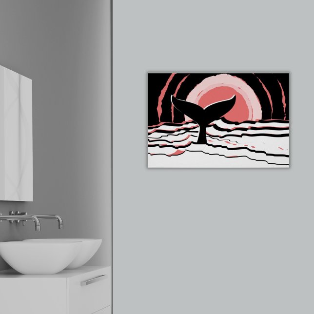 Abstrakt Sunset Simma Whale Fin Ocean Poster (Abstract Pink Sunset Silhouette of Whale Fin Ocean Poster, Bathroom)