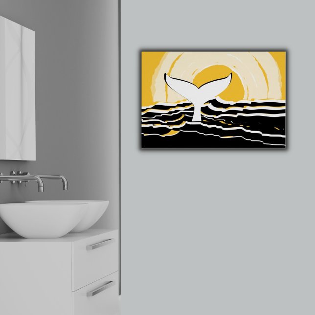 Abstrakt Sunsrise Whale Fin Sea Gult & Black Poster (Abstract Yellow Sunsrise Whale Fin Ocean Modern Poster)