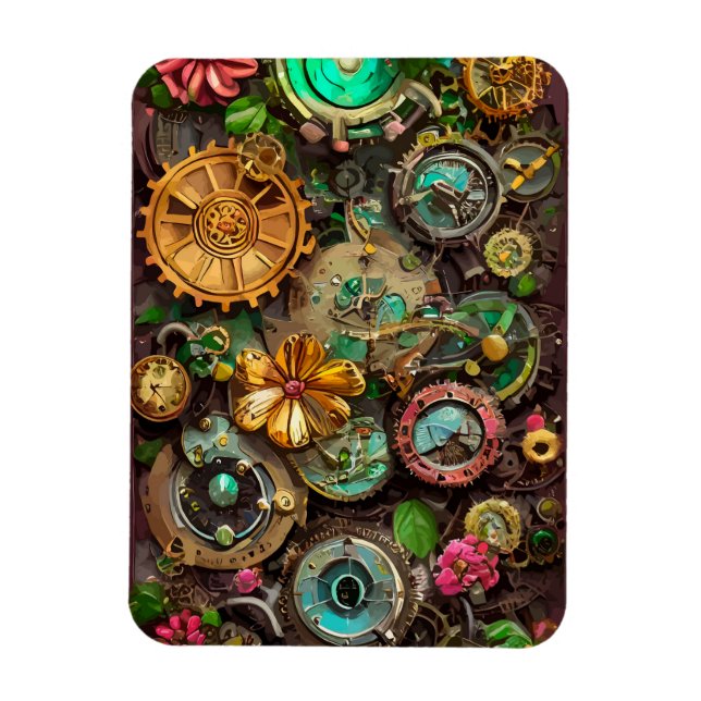 Abstrakt Surreal Gears Flowers Steampunk Art Magnet (Vertikal)