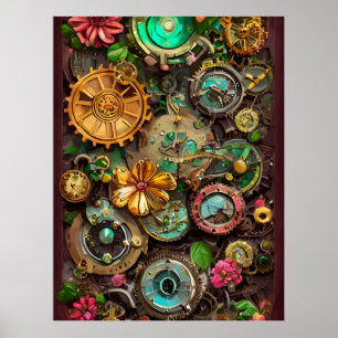 Abstrakt Surreal Gears Flowers Steampunk Art Poster