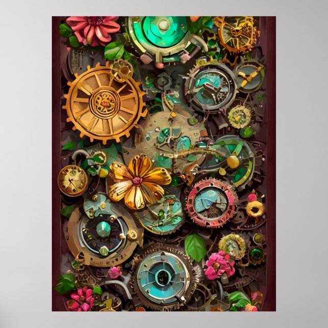 Abstrakt Surreal Gears Flowers Steampunk Art Poster (Framsidan)