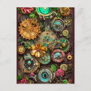 Abstrakt Surreal Gears Flowers Steampunk Art Vykort