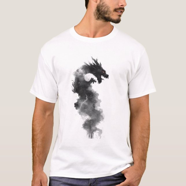 Abstrakt svart bläck rökt drakfantasi t-shirt (Framsida)