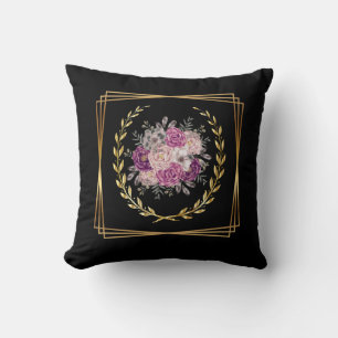 Abstrakt Svart Guld Lila Blommig Boho Trendig Kudde