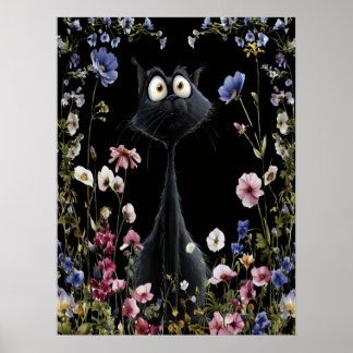 Abstrakt svart katt färgglomma vilda blommor poster