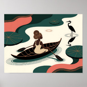 Abstrakt svart kvinna paddlar kanot poster