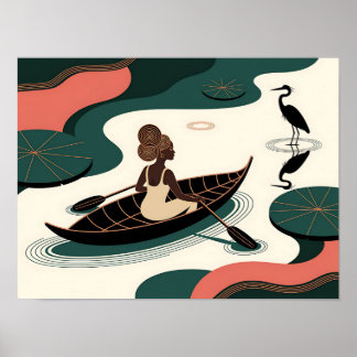 Abstrakt svart kvinna paddlar kanot poster