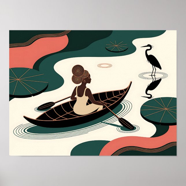 Abstrakt svart kvinna paddlar kanot poster (Framsidan)