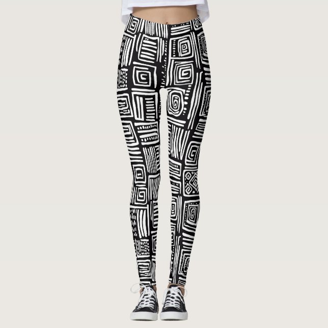 Abstrakt svart och vit geometrisk linjemönster 2 leggings (Framsida)