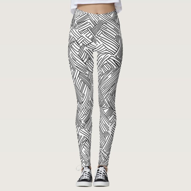 Abstrakt svart och vit geometrisk linjemönster 2 leggings (Framsida)