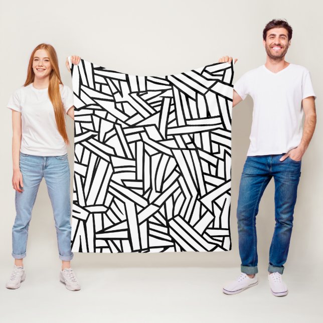 Abstrakt svart och vit geometrisk linjemönster fleecefilt (På plats)