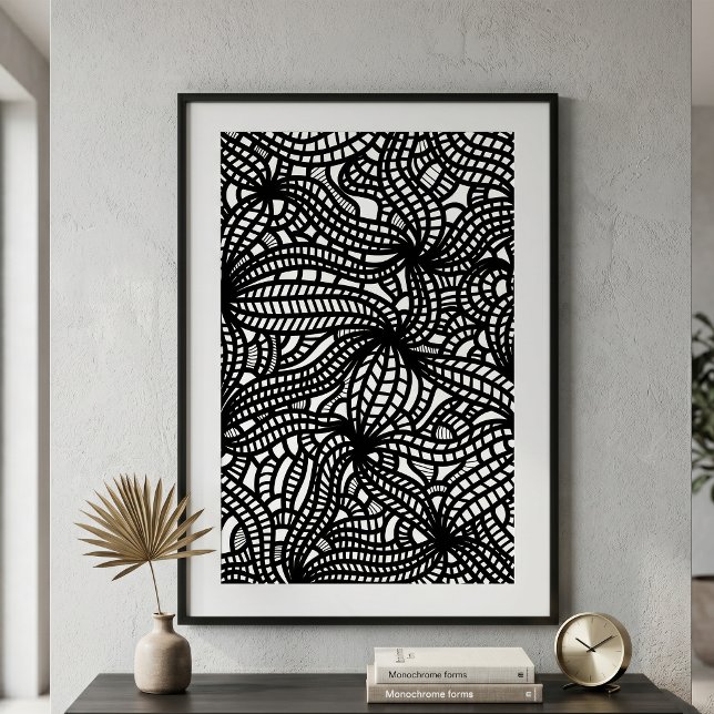 Abstrakt svart och vit organisk linje konst doodle poster (Skapare uppladdad)