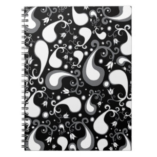 Abstrakt svart och vit Tulip Paisley-Blommigt Anteckningsbok Med Spiral