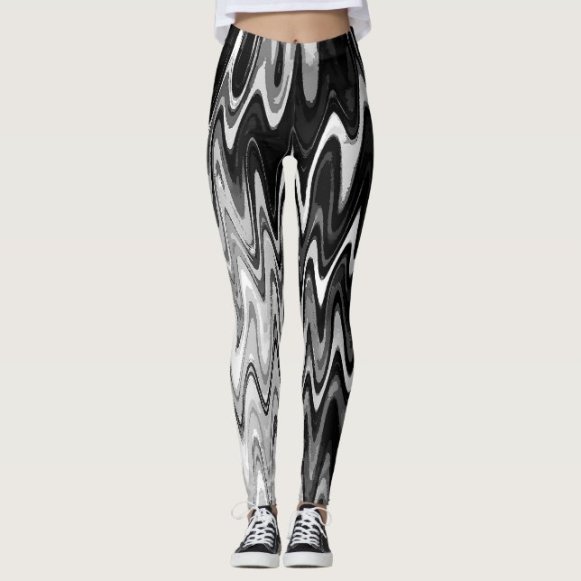 Abstrakt svart och vit vågig mönster leggings (Framsida)