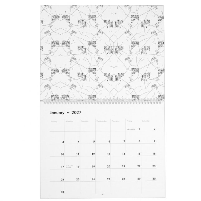 Abstrakt svart och vitt mönster med upprepande s kalender (Jan 2027)