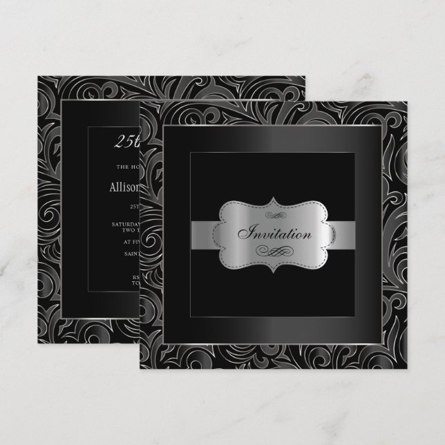 Abstrakt Svart & Silverfest | Jubileum Inbjudningar (Fram/baksida)