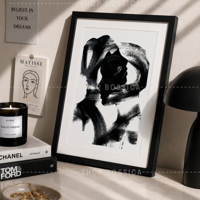 Abstrakt svart & vit affisch Kvinnlig siluett (Abstract Black & White Woman Silhouette Framed Poster | Modern Minimalist Wall Art Print )