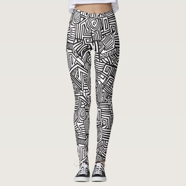 Abstrakt svart-vit geometrisk linjemönster leggings (Framsida)