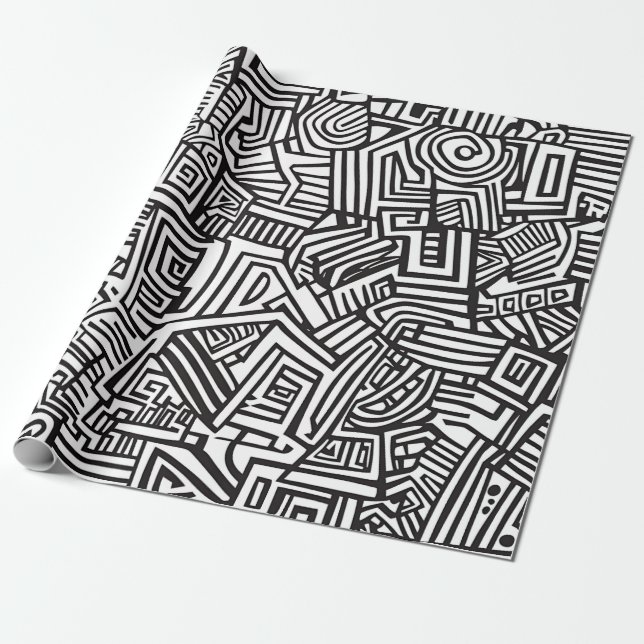 Abstrakt svart-vit geometrisk linjemönster presentpapper (Utrullad)