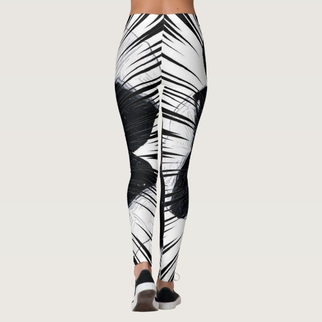 Abstrakt svart & vit palmbladstryck leggings (Baksida)
