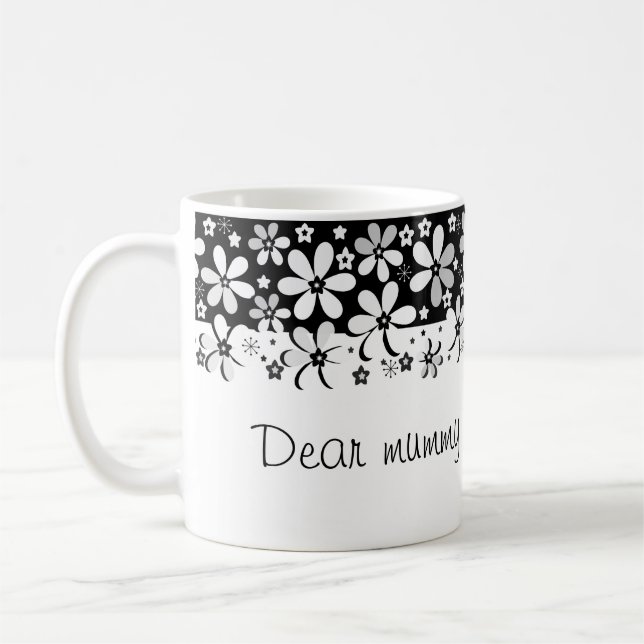 Abstrakt svart vit tecknad blommor blomsterdesign kaffemugg (Vänster)