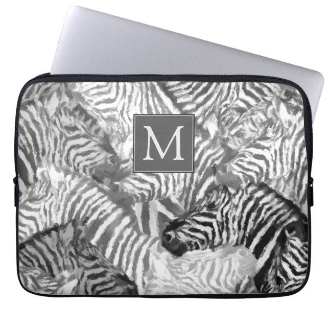 Abstrakt svart-vit zebrakonstmonogram laptop fodral (Framsidan)