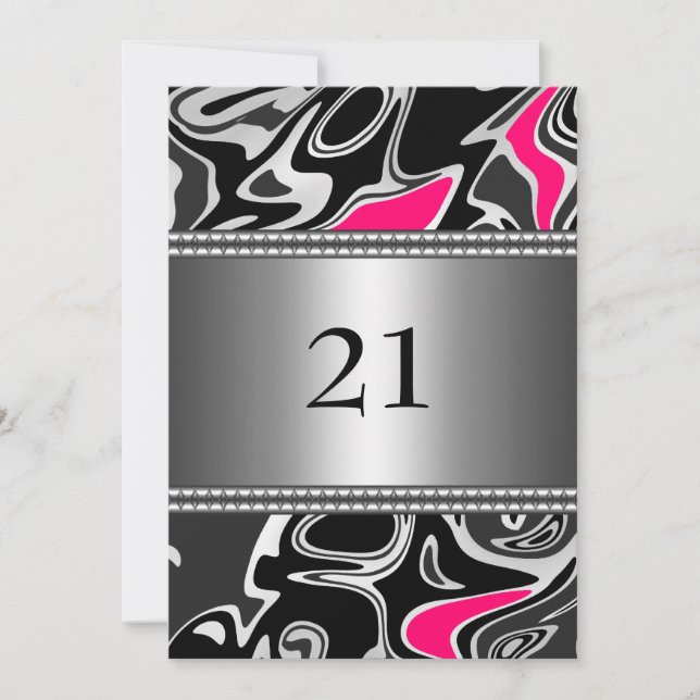 Abstrakt Svart Vitt Rosa Silver Trim 21-årsdag Inbjudningar (Framsida)