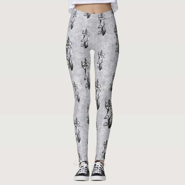 Abstrakt svartvita bläckblommor på silver leggings (Framsida)