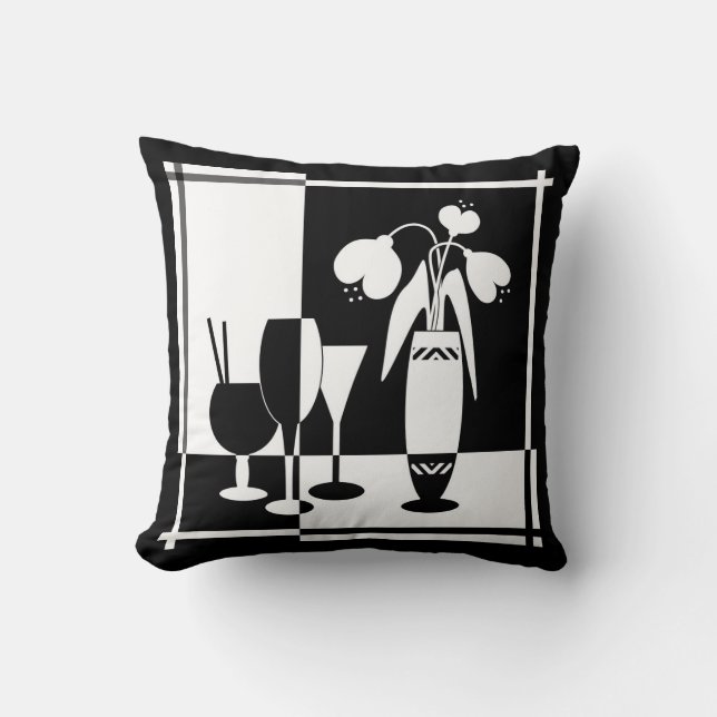 Abstrakt svartvita blommor vas wineglass monoch kudde (Framsida)